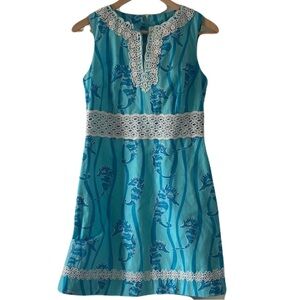 LILLY PULITZER blue retro seahorse print dress with crochet lace, size 4